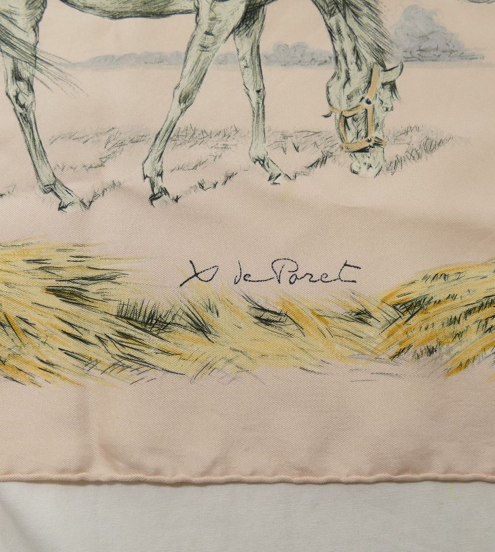A 1960's Hermes of Paris silk scarf, 'Les Poulains' by Xavier du Poret, on pink ground, signed, 88cm - Image 3 of 3