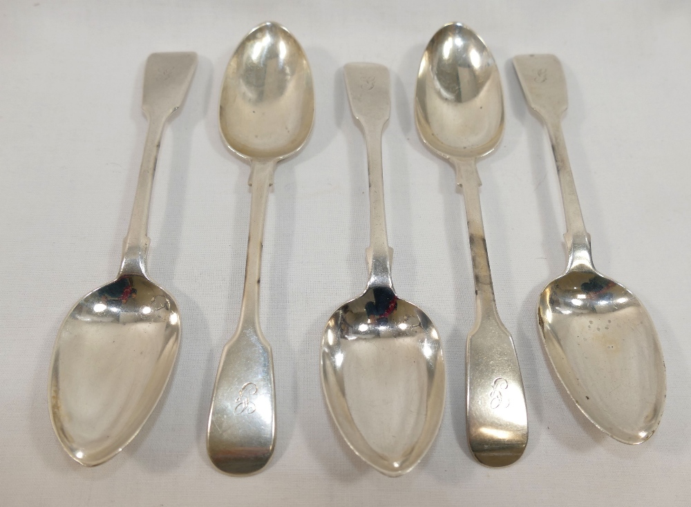 Five early Victorian silver fiddle pattern dessert forks, comprised of three London 1855, by Henry
