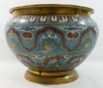 A Chinese brass and blue ground cloisonné jardinière, decorated with dragons, 18cm high x 26cm