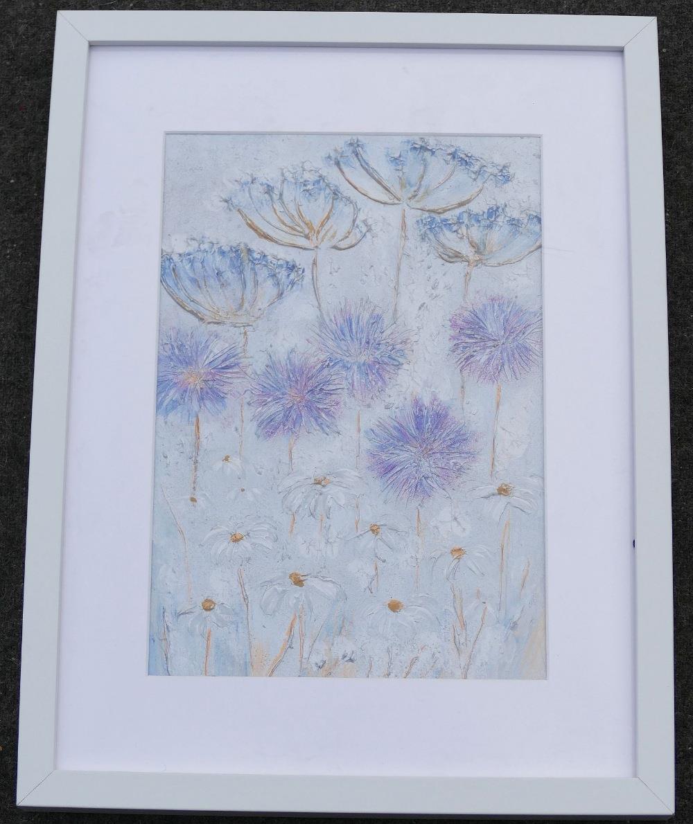 Elaine Allender (21st Century British), 'Silver cow parsley with alliums', mixed media on canvas, - Image 8 of 9