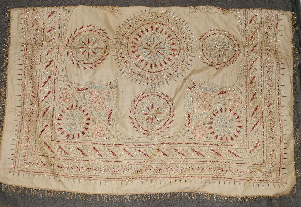 A late 19th/early 20th century Indian embroidered panel, the red, blue, turquoise and pink threads - Image 2 of 2