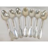 Six 19th century German fiddle and thread pattern table spoons, and another similar spoon, all