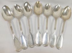 Six 19th century German fiddle and thread pattern table spoons, and another similar spoon, all