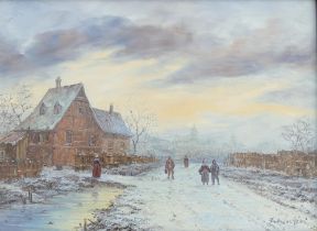 20th Century Dutch, winter landscape with figures on a snowy road with church to the distance, oil