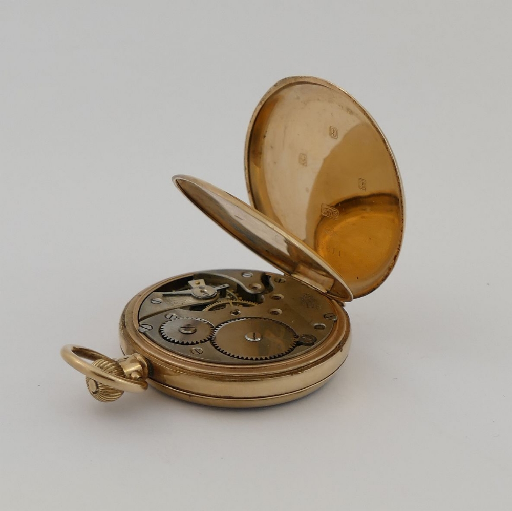 A George V 9 carat gold cased open face pocket watch, Birmingham 1929, the white enamel dial with - Image 3 of 4