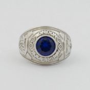 A 'London University' American varsity or class style ring, set with single synthetic blue stone,