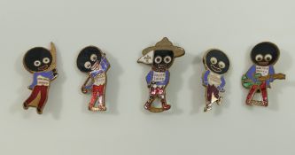 Five circa 1950's Robinson's Golden Shred enamel badges comprised of a boy scout wearing a bush hat,