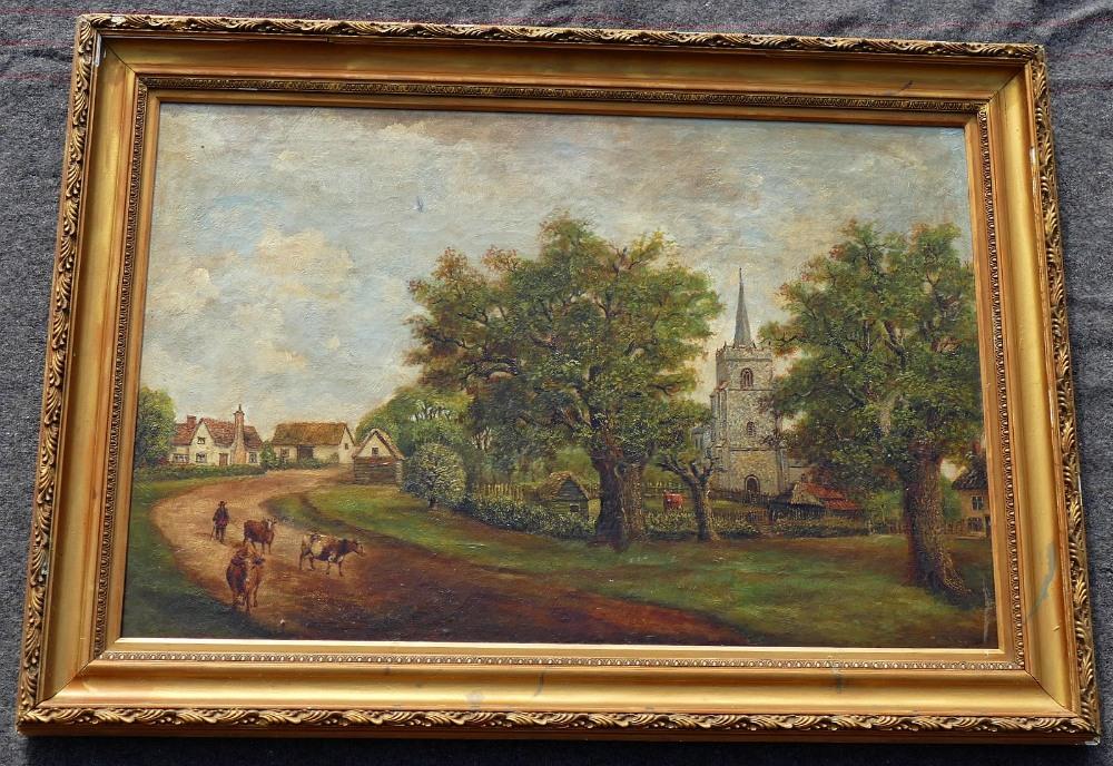 George Fiske (1846-1932), village scene with church, oil on canvas, signed lower right, 47.5cm x - Image 2 of 3