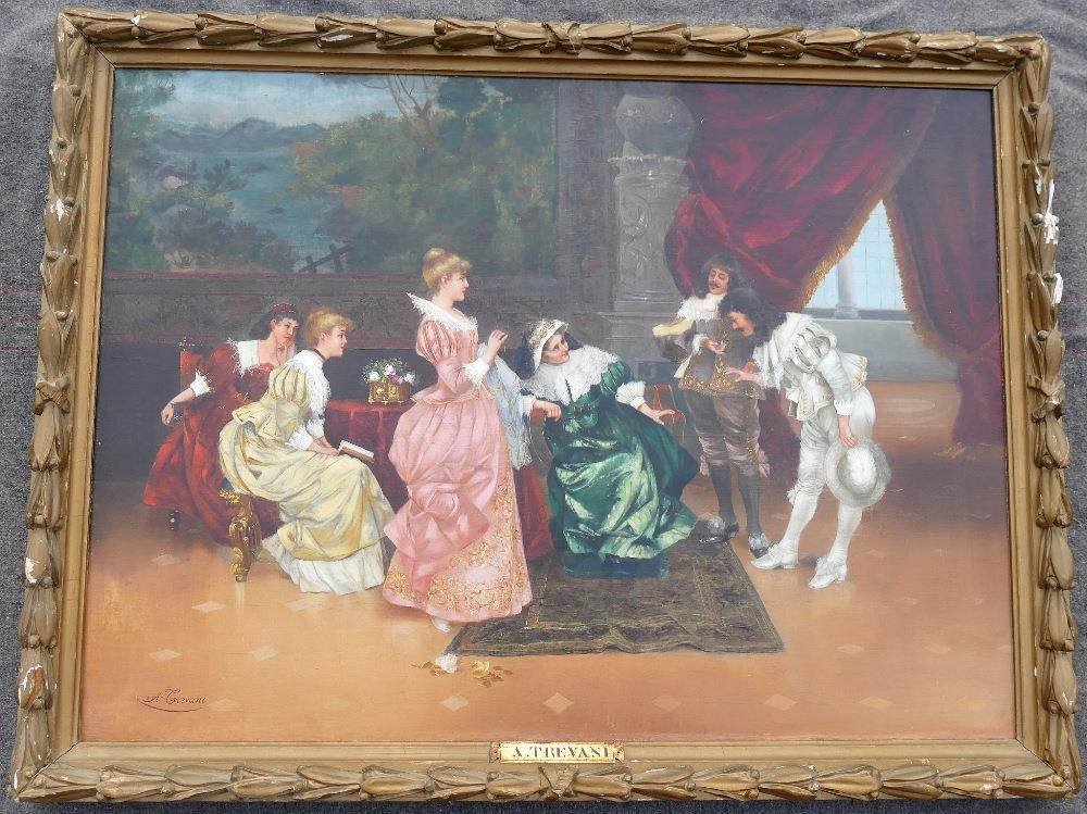 A Trivani (19th century Italian), 18th century interior scene with party of elegant ladies receiving - Image 4 of 5