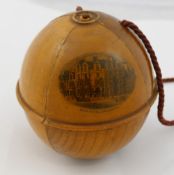 A 19th century Mauchline Ware string ball, transfer decorated with a view of the Pier hotel,