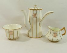 A Royal Cauldon Ltd bone china chocolate service for 6 people, decorated with horizontal gilt