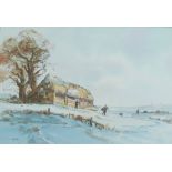 Keith Johnson (1931-2018), Norfolk winter landscape with fishermen beside a barn, watercolour,