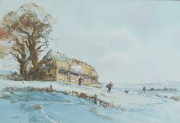 Keith Johnson (1931-2018), Norfolk winter landscape with fishermen beside a barn, watercolour,