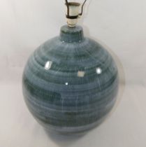 A large Rye Pottery spherical table lamp, decorated in a graduated grey/blue glaze, blue factory ink