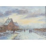 20th Century Dutch, winter landscape with figures on a snowy road with church to the distance, oil