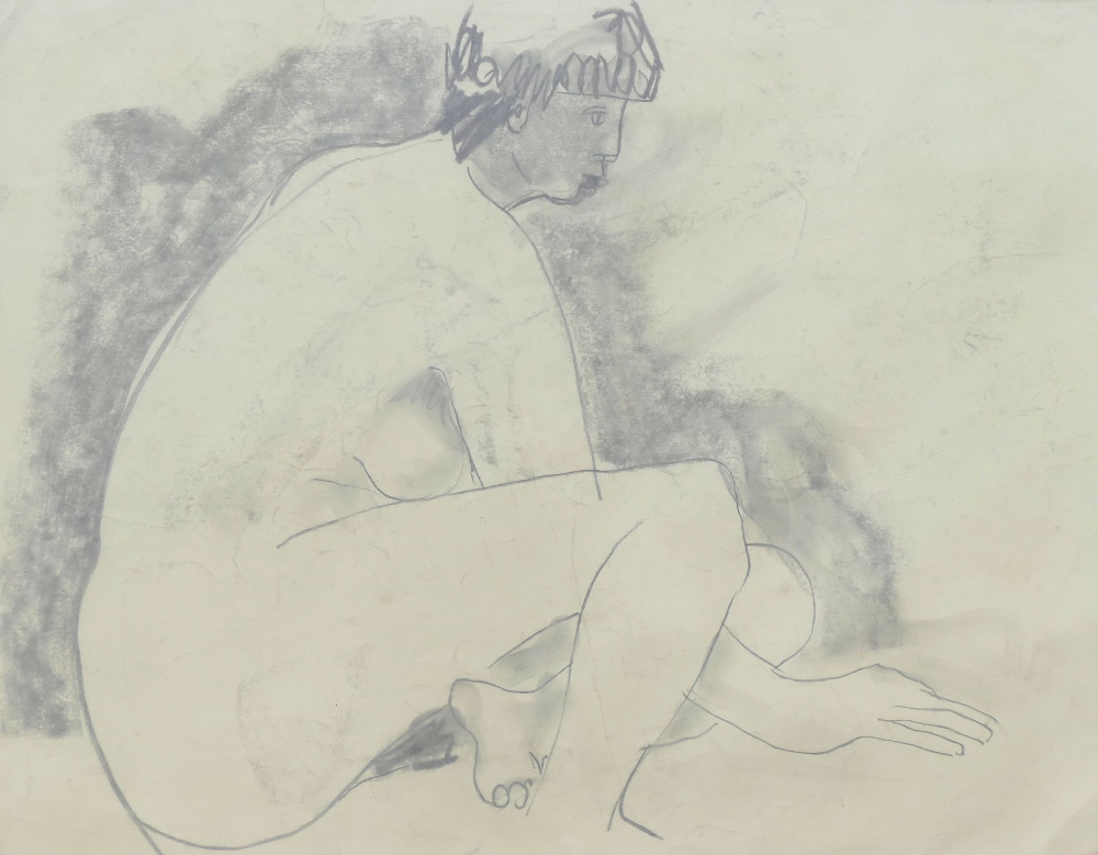 Hugo Dachinger (1908-1996 ), life model sketch of a woman seated on the floor leaning forward,