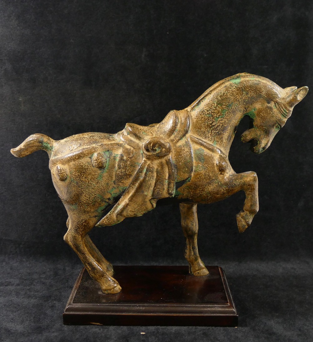 A 20th century bronze figure of a Tang horse with patinated finish, mounted to a rectangular plinth, - Image 2 of 2