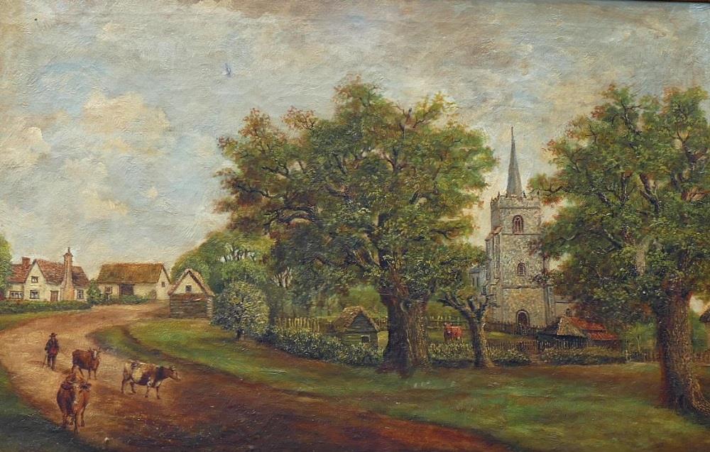 George Fiske (1846-1932), village scene with church, oil on canvas, signed lower right, 47.5cm x