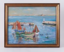 Dorcie Sykes, signed oil, 'Harbour Scene', 42cm 54cm, framed and glazed.