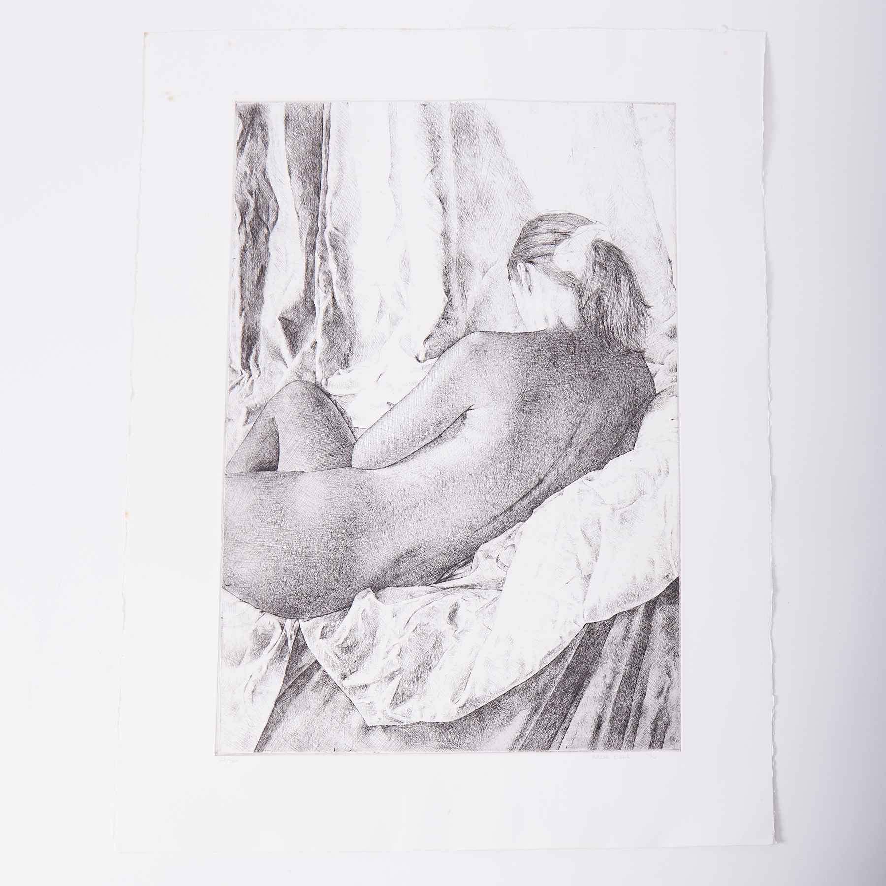 Mark Clark (1959-) Reclining Nude, 1996, signed etching, edition 21/50, image size 60cm x 40cm.