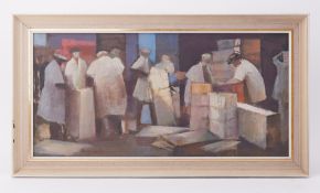 Stanley Simmonds (1916-2006) oil on board 'Billings Gate Porters 2' signed, titled on reverse with