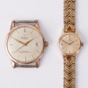 Omega, a ladies gold plated manual wind wristwatch on a gold plated bracelet together