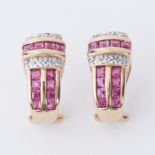 A pair of 9ct yellow gold earrings set with square cut rubies and round brilliant cut diamonds,