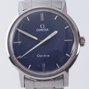 Omega, a gents steel manual wind Geneve wristwatch, blue baton dial, fitted with an