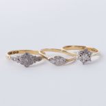 Three 18ct yellow gold rings to include a flower design ring set small round cut diamonds, 2.40gm,