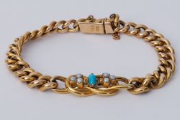 An antique 9ct yellow gold curb link design bracelet set with a central woven design section set