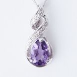 A 9ct white gold twist design pendant set with a pear shaped amethyst and small round cut diamonds