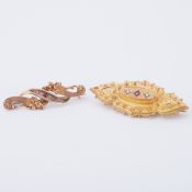 Two brooches to include a 9ct yellow gold marquise shaped brooch set with two seed pearls & a