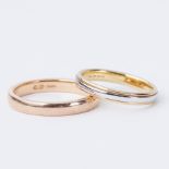 An 18ct yellow & white gold band, 3.27gm, size L 1/2 and an 18ct yellow gold band, 4.35gm, size P