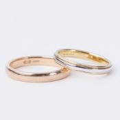 An 18ct yellow & white gold band, 3.27gm, size L 1/2 and an 18ct yellow gold band, 4.35gm, size P