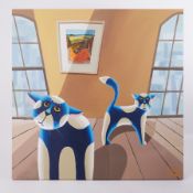 Lee Woods, 'Blue Cats' acrylic on wrap around canvas, 80cm x 80cm, signed, unframed.