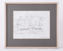 Derek Holland (1927-2014) 'Boats tied up at The Barbican, Plymouth', pencil and ink sketch, signed