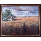 Christopher Deakin (1946-2007) 'Cornfields overlooking Bodmin Moor' signed oil on canvas, 70cm x