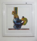 Tatiana Jivotkova, Ukrainian - Kyiv . Watercolour titled ' Cockerel jug '. In Ukrainian folklore,