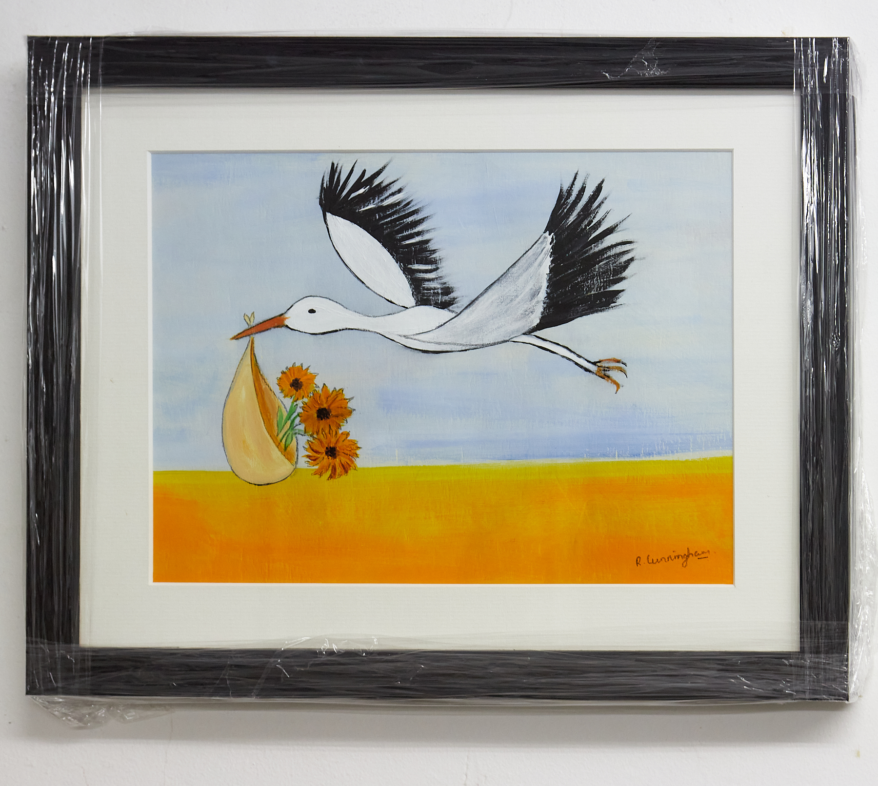Rosie Cunningham, British , Acrylic - Arrival of the Stork . Rosie is a well known Plymouth based