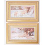 Lucia Suato, a pair of oil on canvas 'Lady Reclining' both signed, in gilt frames, 19cm x 38cm,