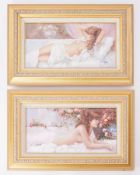 Lucia Suato, a pair of oil on canvas 'Lady Reclining' both signed, in gilt frames, 19cm x 38cm,