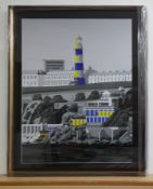 British Acrylic on print by Henry Sells depicting Smeaton's Tower, Plymouth. Henry is a bold and