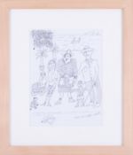 Fred Yates (1922-2008) black pen sketch 'Family', 20cm x 15cm, signed to reverse, framed and