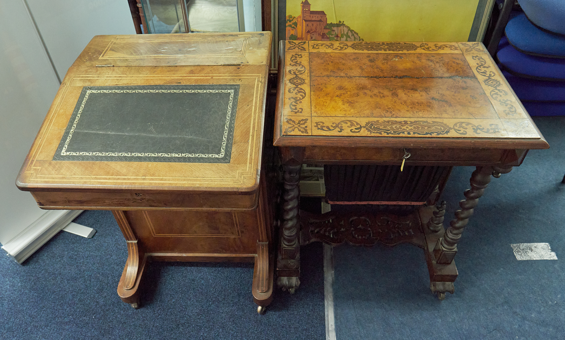 A Victorian walnut davenport together with a Victorian walnut and inlaid sewing table (2).