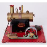 Mamod steam engine with boiler, 6" high on 7" x 8" Meccano base, boxed.