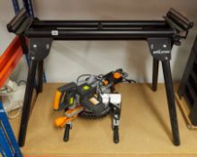 Evolution compound mitre saw with stand, fitted with UK standard three pin plug.