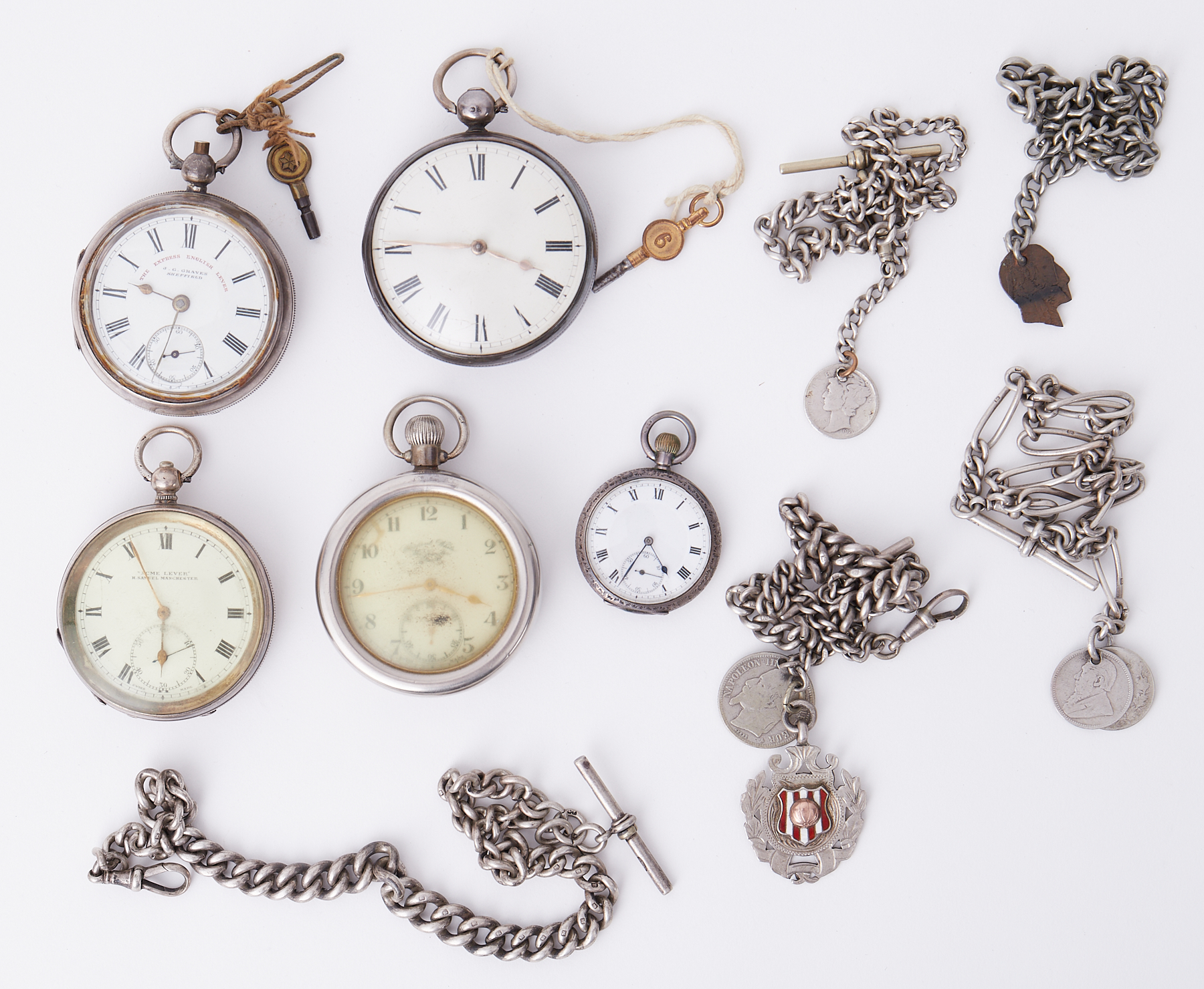 Five silver pocket watches to include Clement White, The Express English Lever, Acme Lever, etc