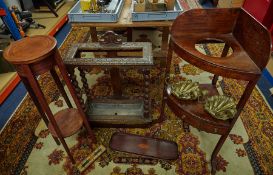 A carved oak stick stand, a Georgian mahogany corner washstand, a two tier plantstand, pair shell