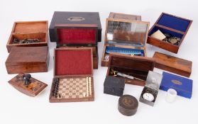 A collection of various boxes including leather travel writing box fitted with an inkwell, prayer