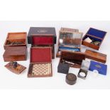 A collection of various boxes including leather travel writing box fitted with an inkwell, prayer